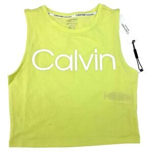 Calvin Klein Women's Neon Stretch Yellow Logo Crop Dance Gym Tank Top XS NEW